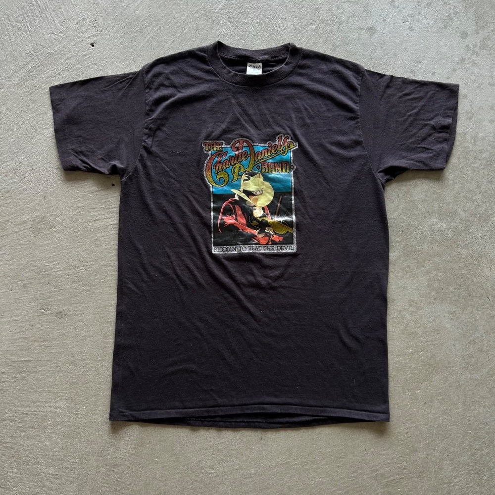 Vintage 70s Charlie Daniels Band Shirt Size XL Black The Devil Went Down Country